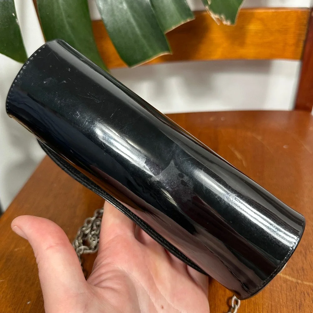 Vintage Evening Bag Womens Small‎ Black Good Patent Chain Strap Clutch